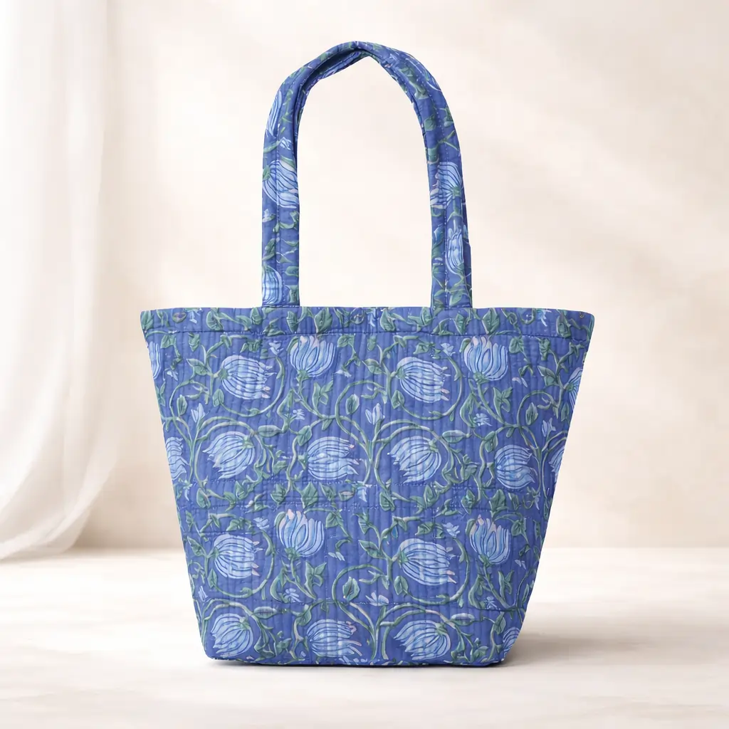 SENORA Quilted Cotton Blue Beach Bucket Tote Bag