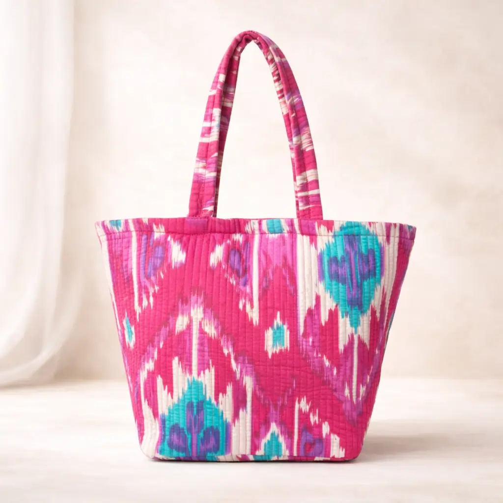 SENORA Quilted Cotton Pink Wide Strip Tote Bag