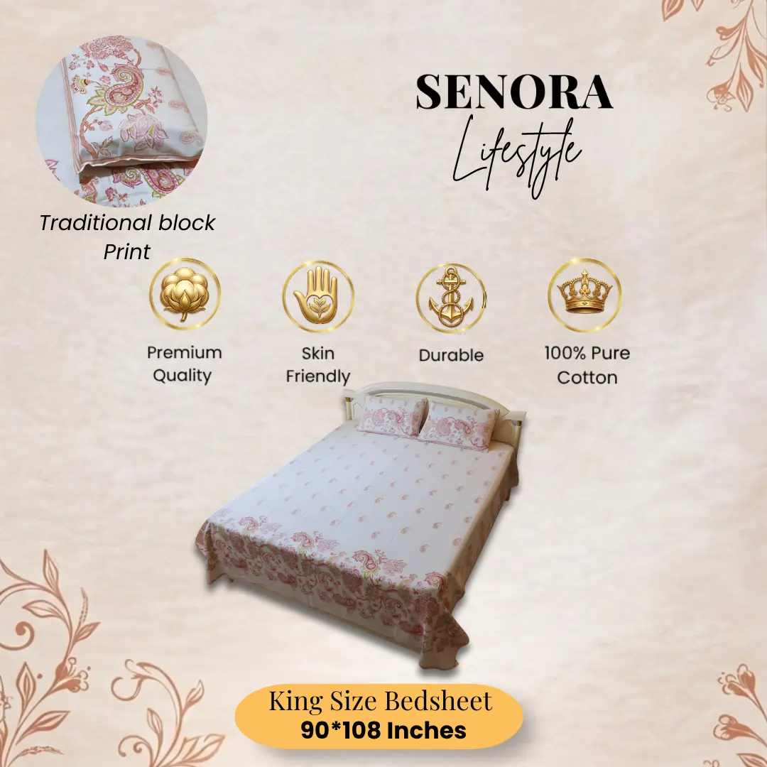 senora-peach-white-floral-cotton-king-bedsheet