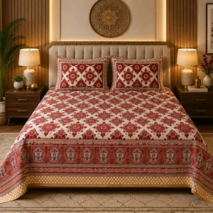 Maroon Ethnic Block Print King Size Cotton Bedsheet | 180 TC Bedsheet India | SENORA