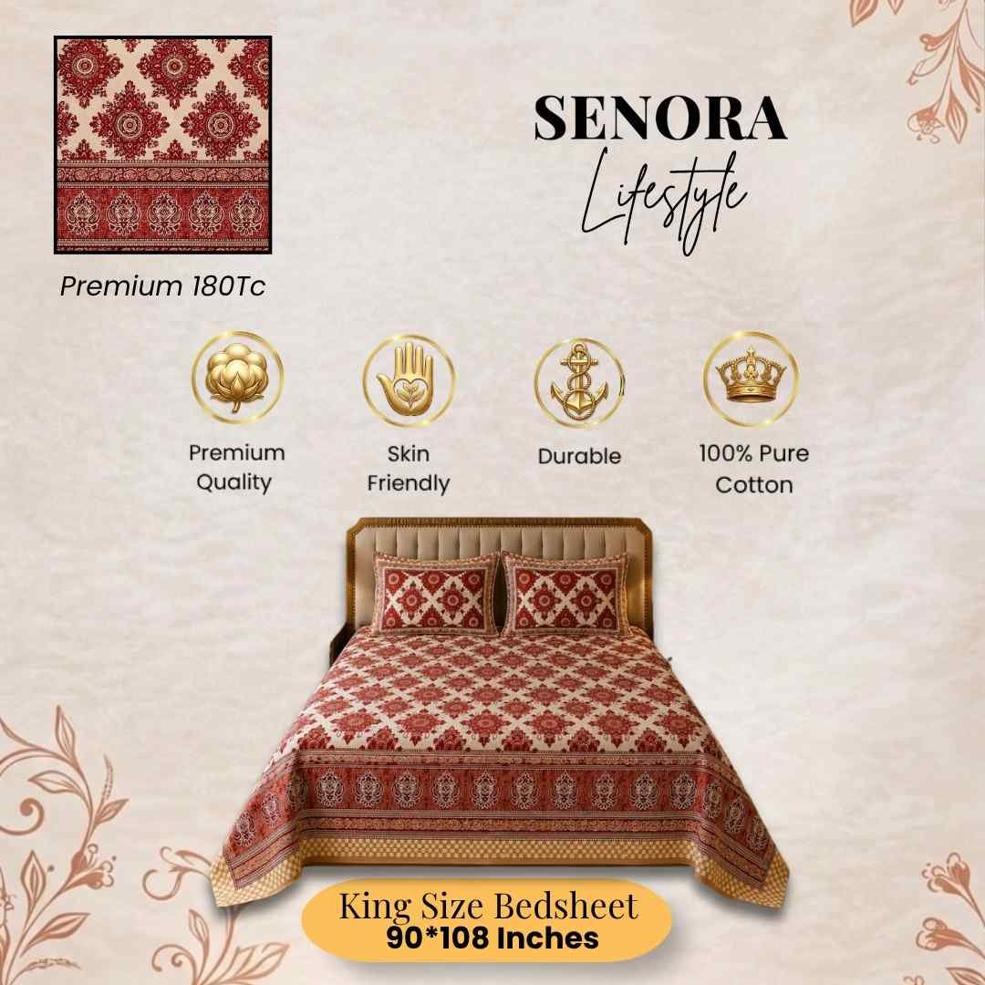 Maroon Ethnic Block Print King Size Cotton Bedsheet by SENORA Maroon Ethnic Block Print King Size Cotton Bedsheet by SENORA