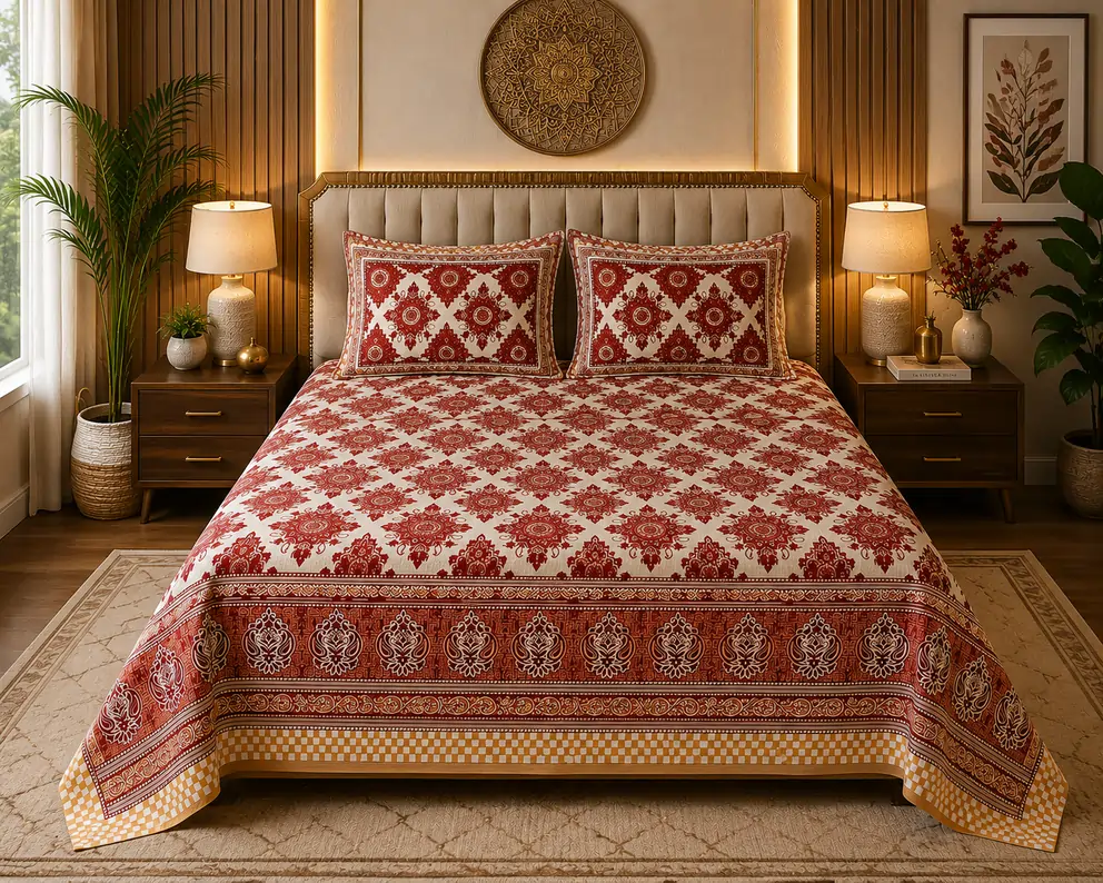 Maroon Ethnic Block Print King Size Cotton Bedsheet