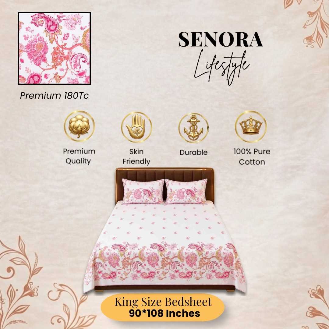 Peach White Floral King Size 180 TC Cotton Bedsheet by SENORA
