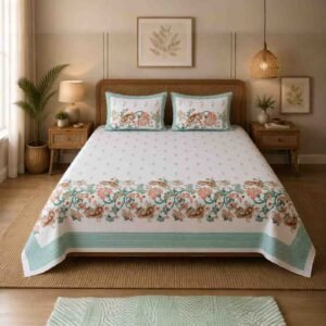 Senora Super King Size 180 TC Cotton Floral Bedsheet Sky White