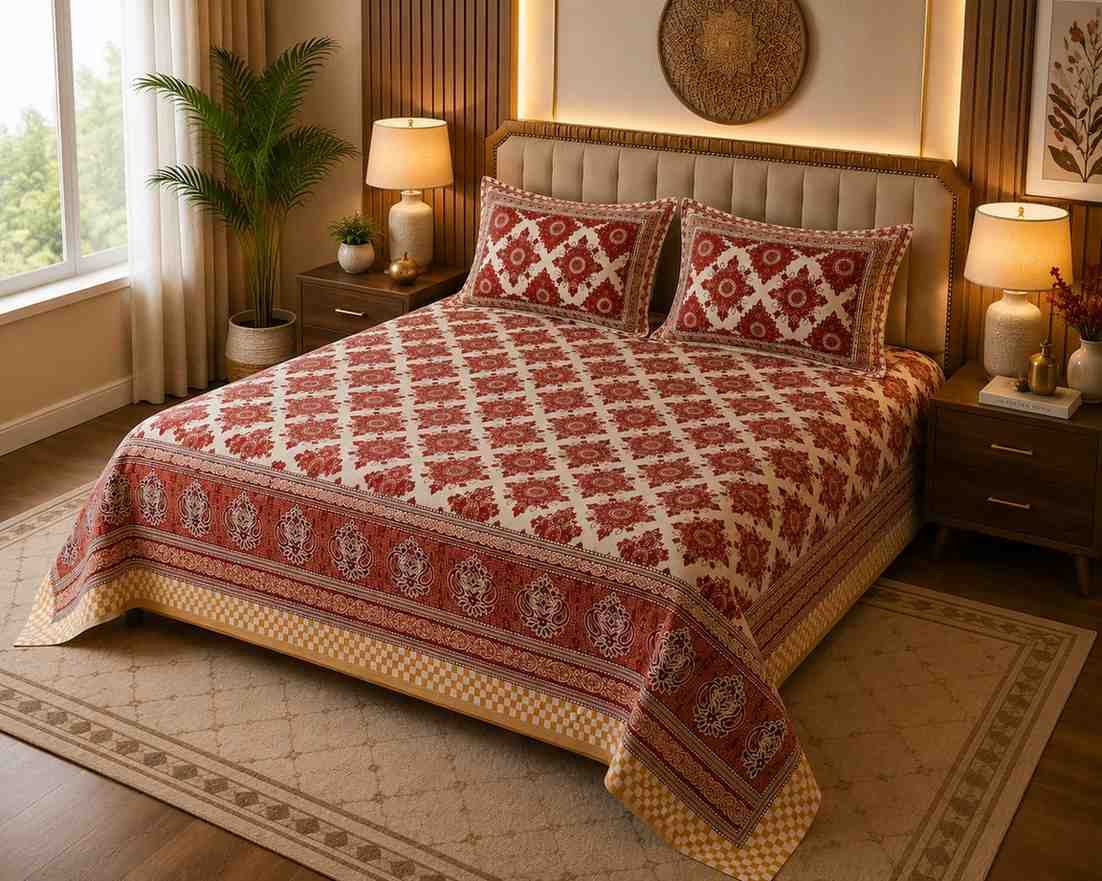 SENORA Maroon Cotton Block Print Bedsheet