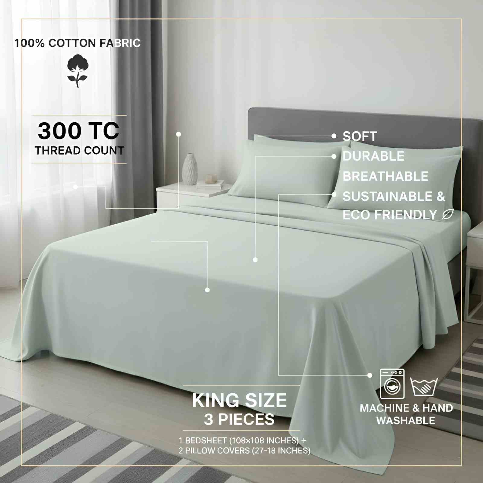 Sage Green Organic Cotton King Size Bedsheet Set