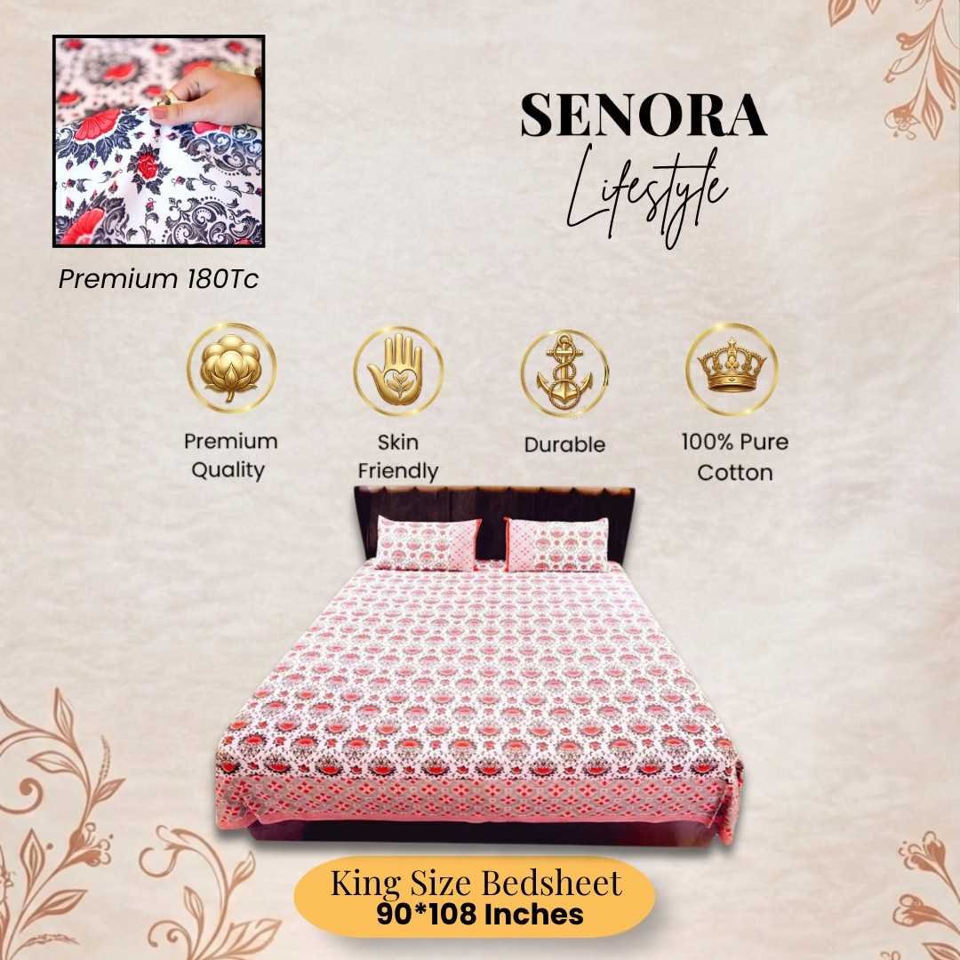 SENORA King Size 180 TC Cotton Floral Bedsheet in White, Red & Blue SENORA King Size 180 TC Cotton Floral Bedsheet in White, Red & Blue