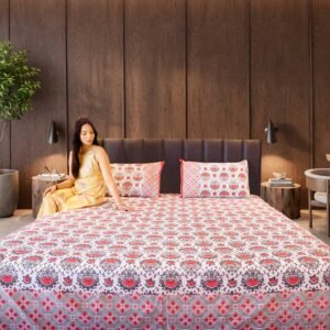 SENORA 180 TC Cotton Floral King Size Bedsheet – White with Red & Blue Print