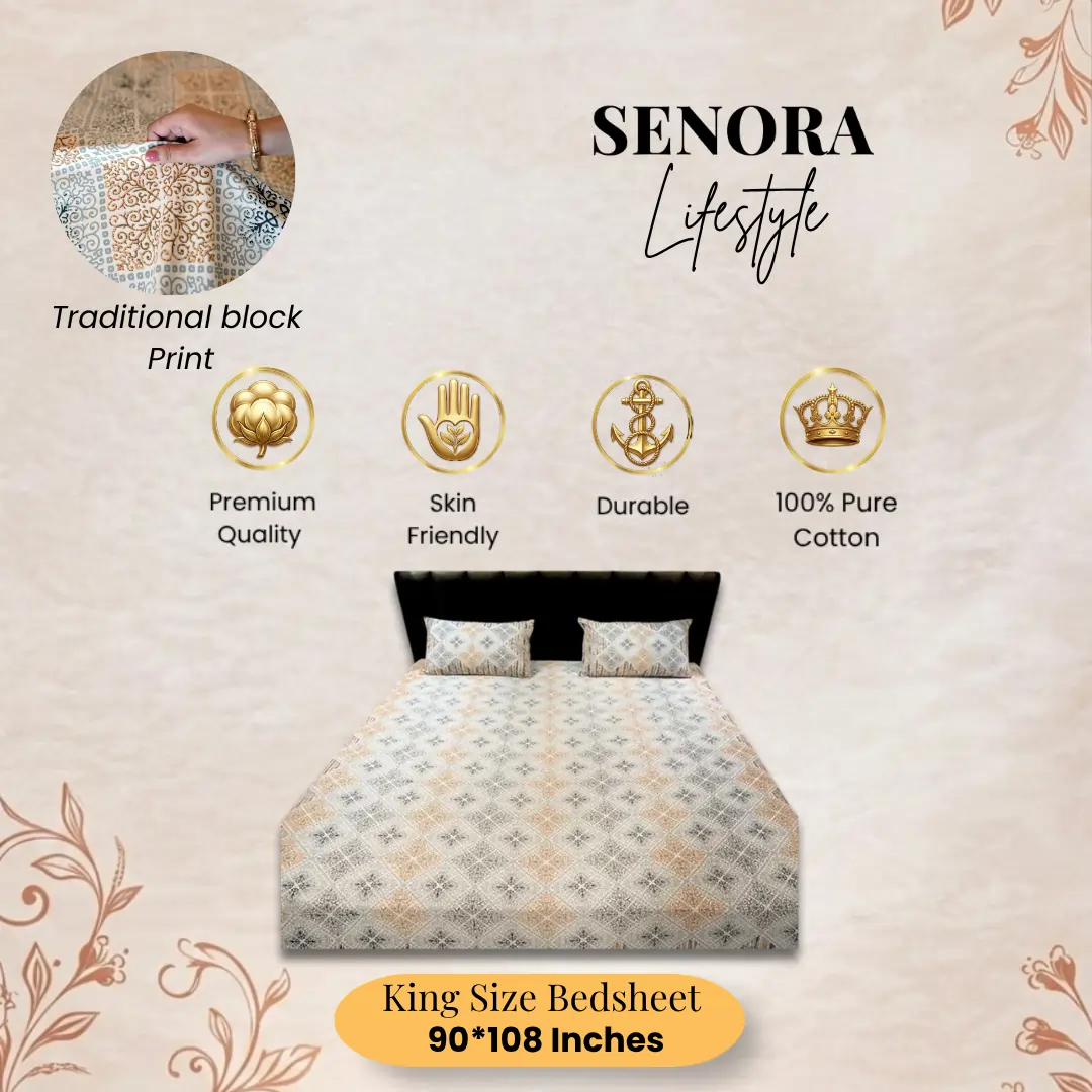 SENORA Cotton King Size Bedsheet – Grey & Mustard Ornamental Print