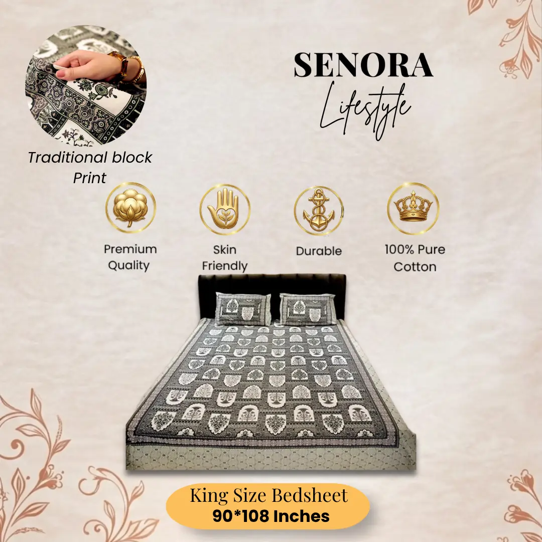 SENORA Lifestyle Cotton Floral King Size Bedsheet – Grey & Mustard Print