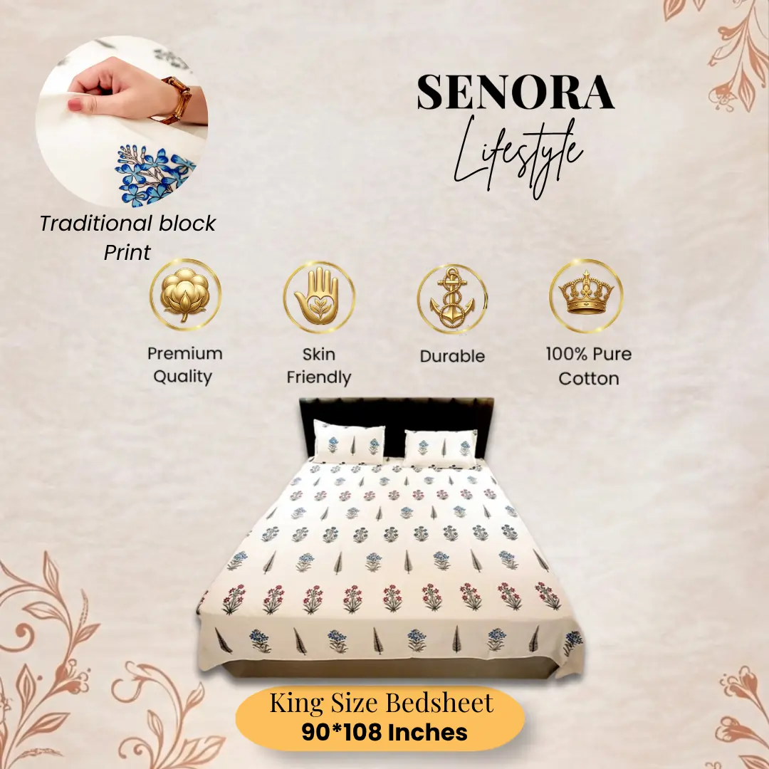 SENORA Lifestyle 180 TC Cotton King Size Bedsheet Cream Blue Floral Print with 2 Pillow Covers