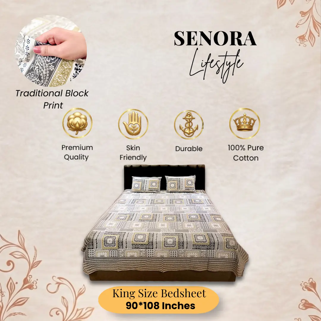 SENORA Lifestyle 180 TC Cotton King Size Bedsheet Cream Grey Mustard Ornamental Print with 2 Pillow Covers