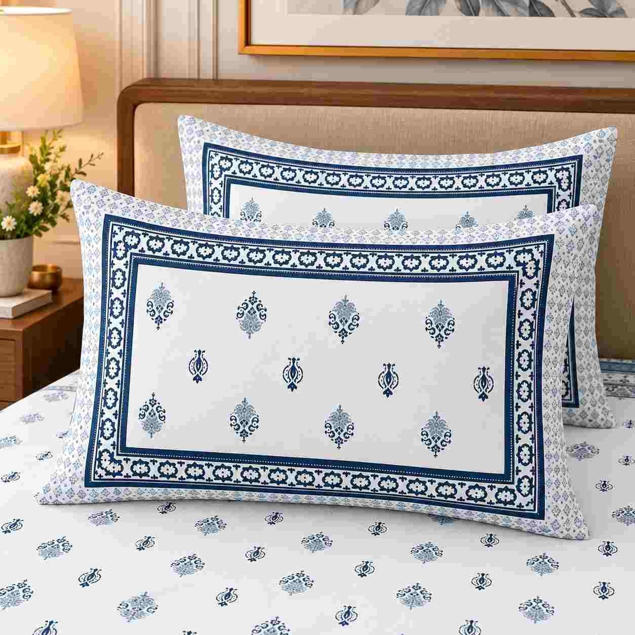 Blue hand block printed cotton bedsheet for king size bed