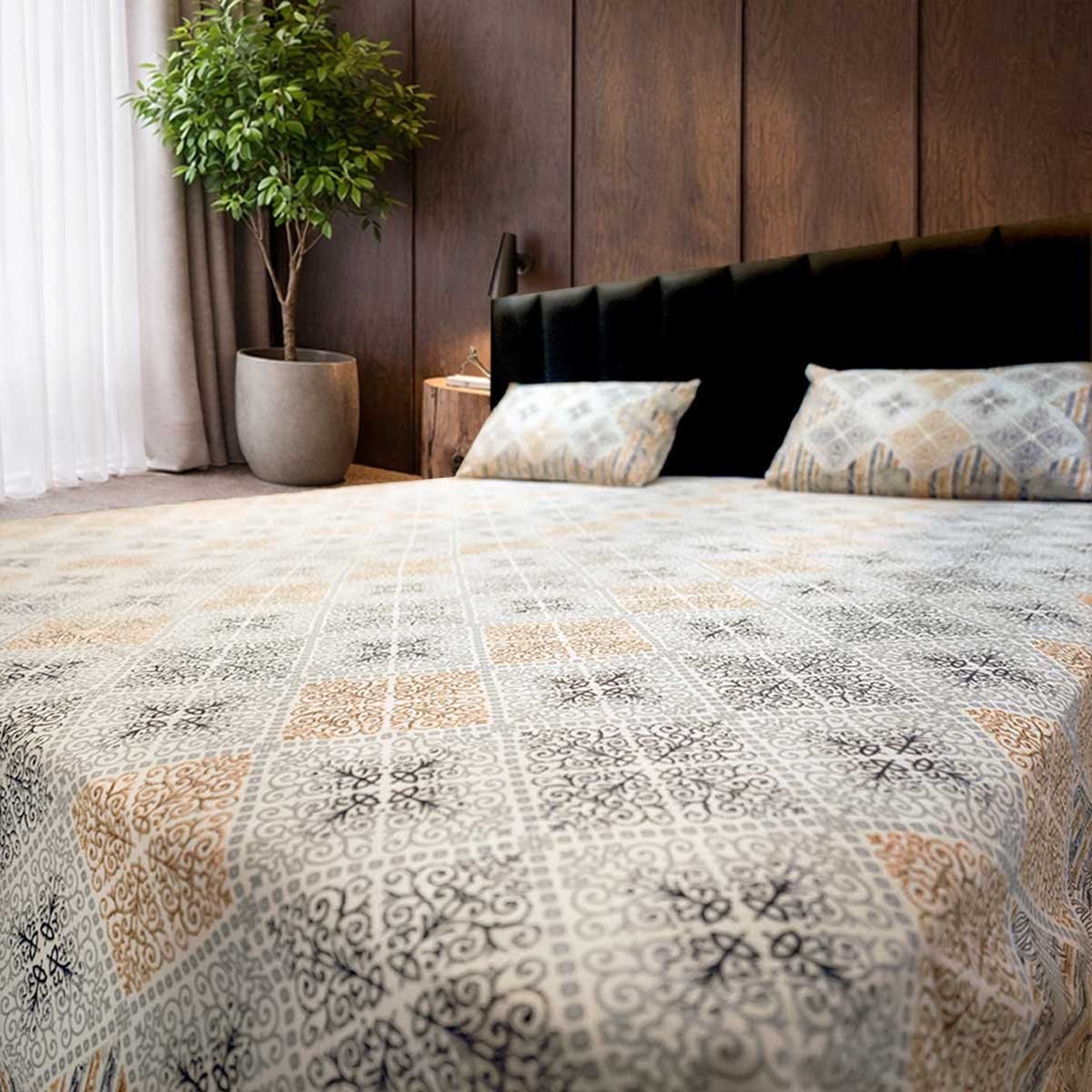 SENORA Cotton King Size Bedsheet – Grey & Mustard Ornamental Print SENORA Cotton King Size Bedsheet – Grey & Mustard Ornamental Print