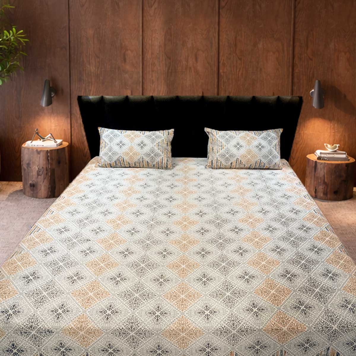 SENORA Cotton King Size Bedsheet – Grey & Mustard Ornamental Print SENORA Cotton King Size Bedsheet – Grey & Mustard Ornamental Print