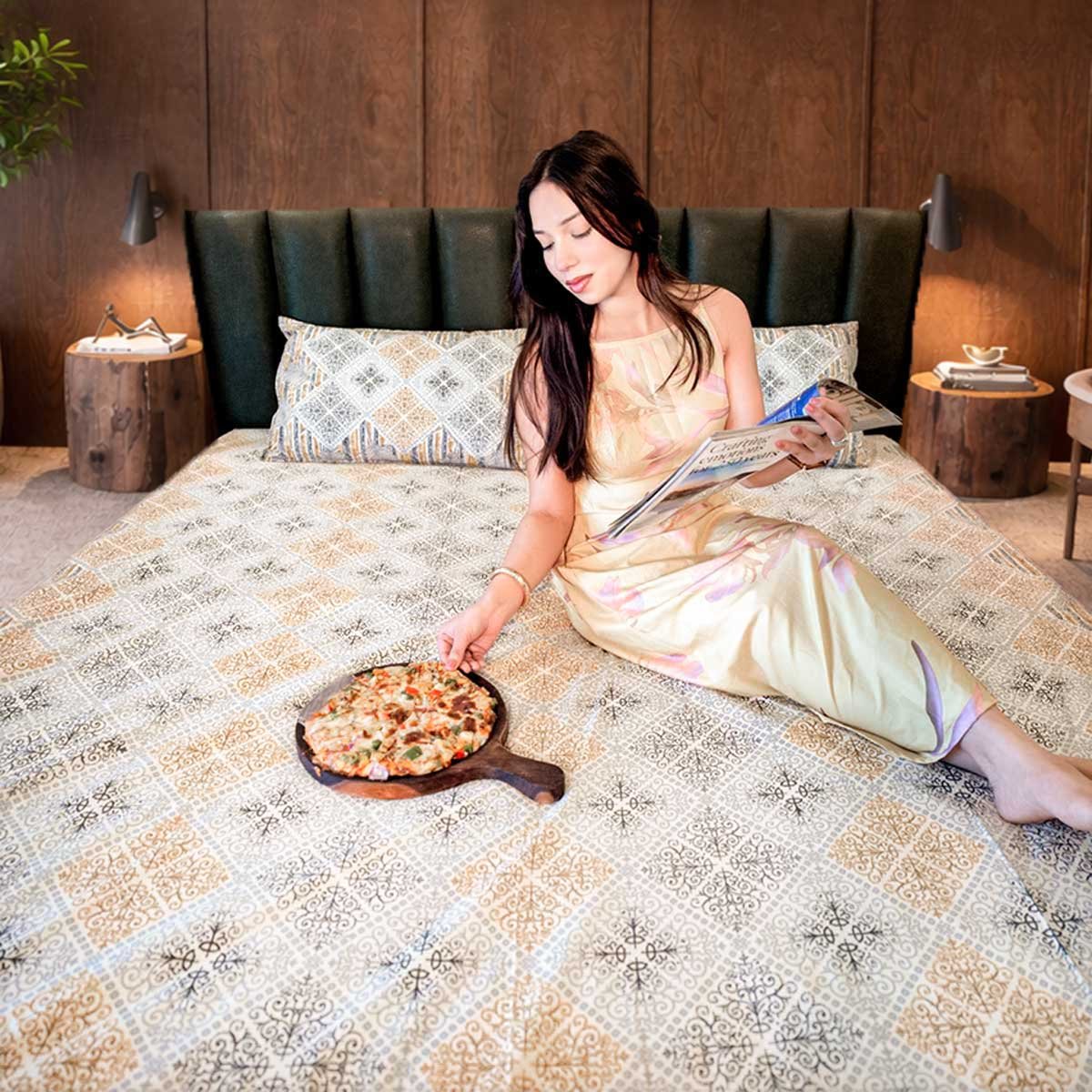 SENORA Cotton King Size Bedsheet – Grey & Mustard Ornamental Print SENORA Cotton King Size Bedsheet – Grey & Mustard Ornamental Print