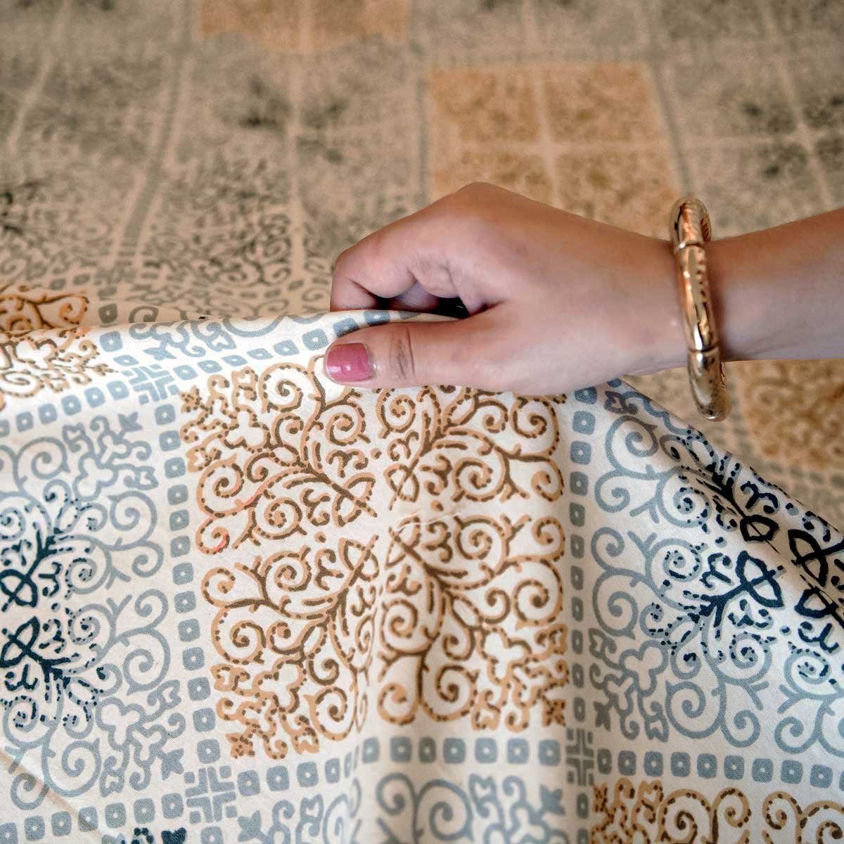 SENORA Cotton King Size Bedsheet – Grey & Mustard Ornamental Print SENORA Cotton King Size Bedsheet – Grey & Mustard Ornamental Print