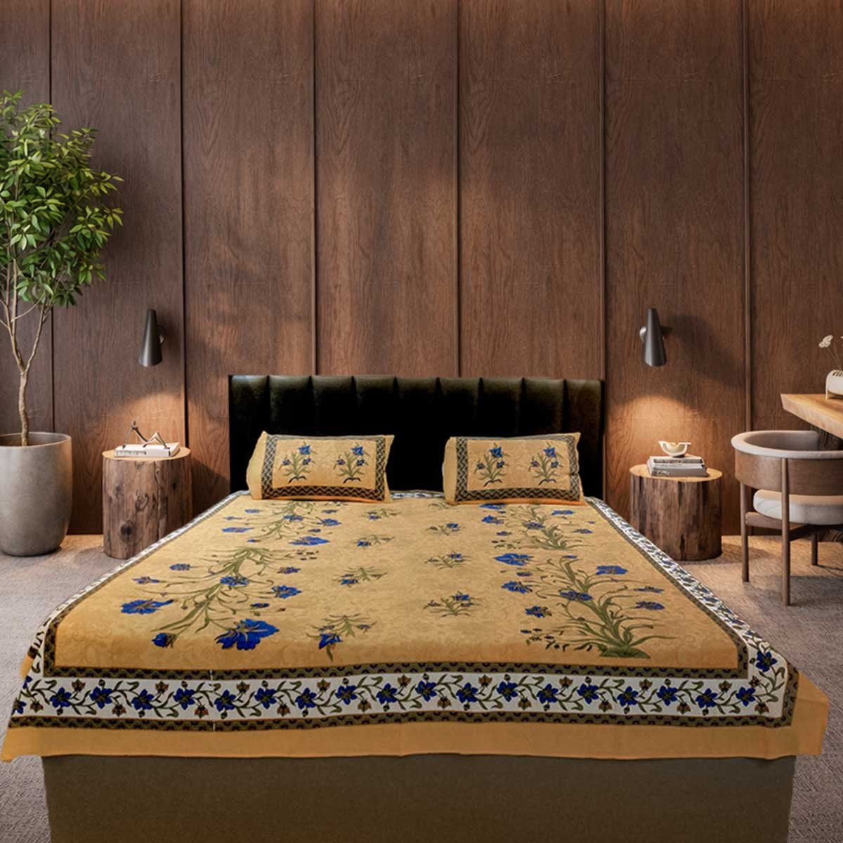 SENORA Cotton Floral King Size Bedsheet – Yellow with Blue