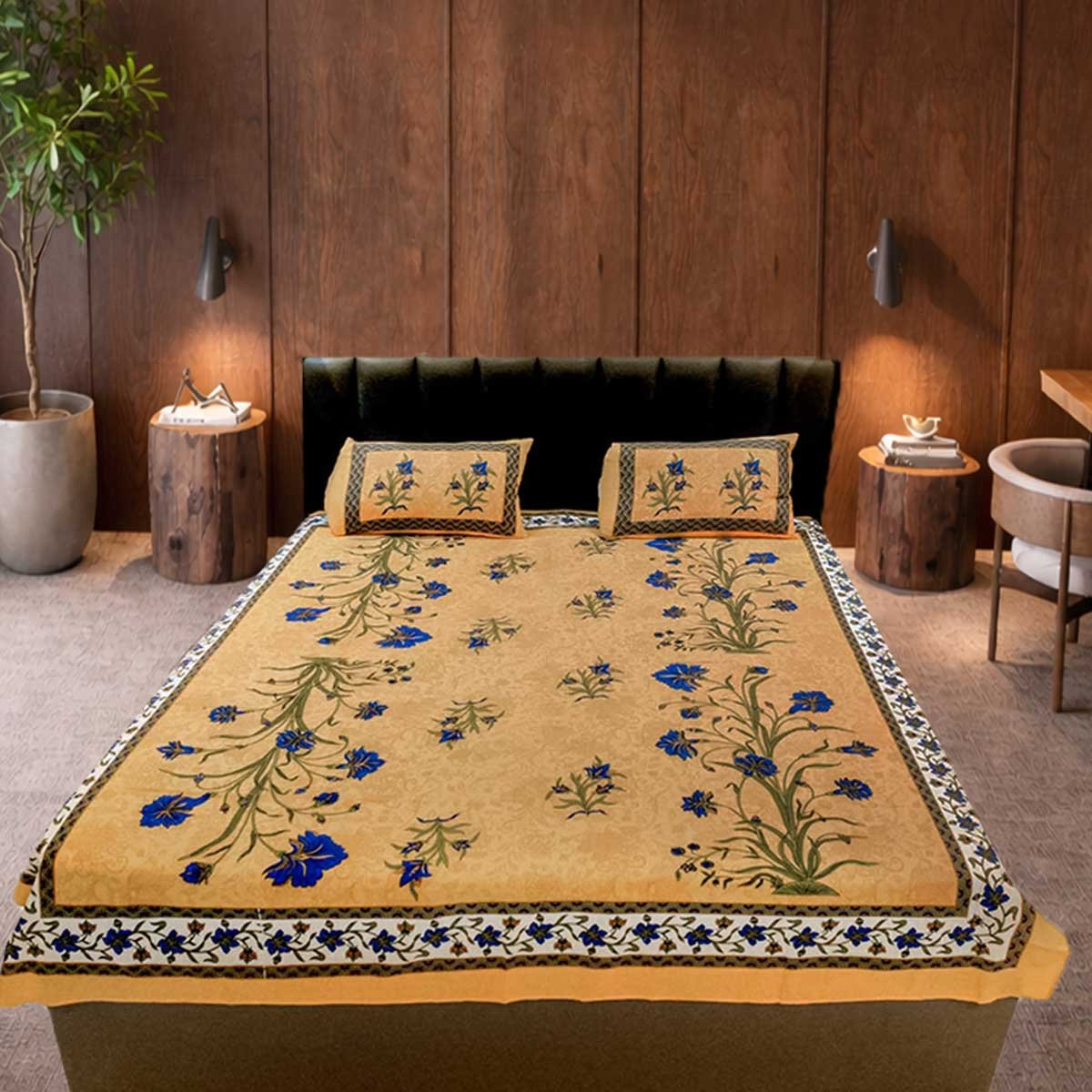 SENORA Cotton Floral King Size Bedsheet – Yellow with Blue