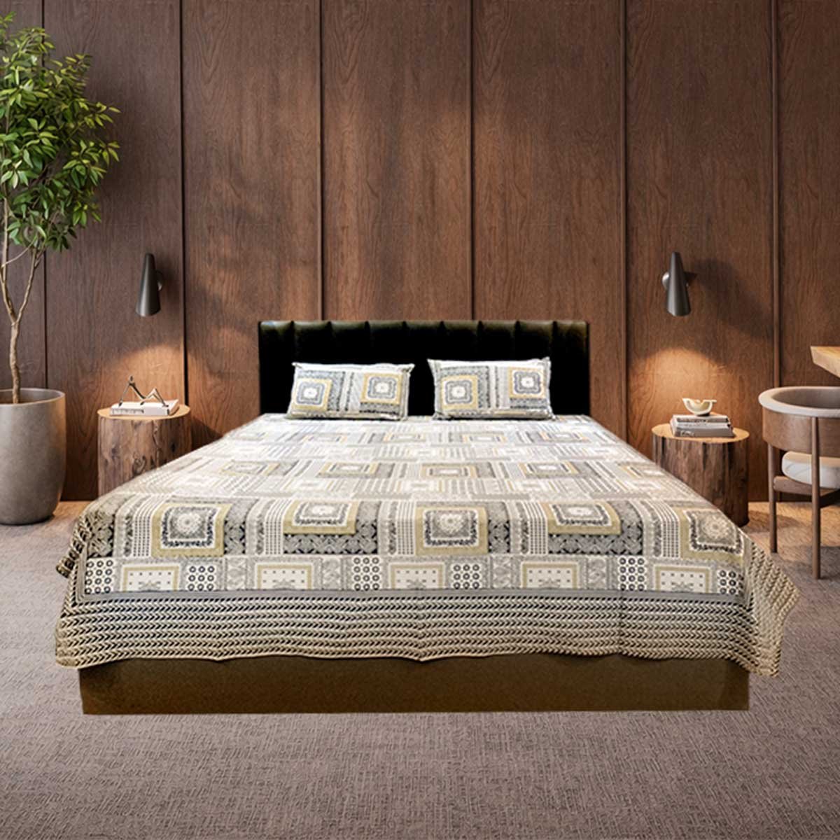 SENORA 180 TC Cotton King Size Bedsheet Cream Grey Mustard Ornamental Print with 2 Pillow Covers