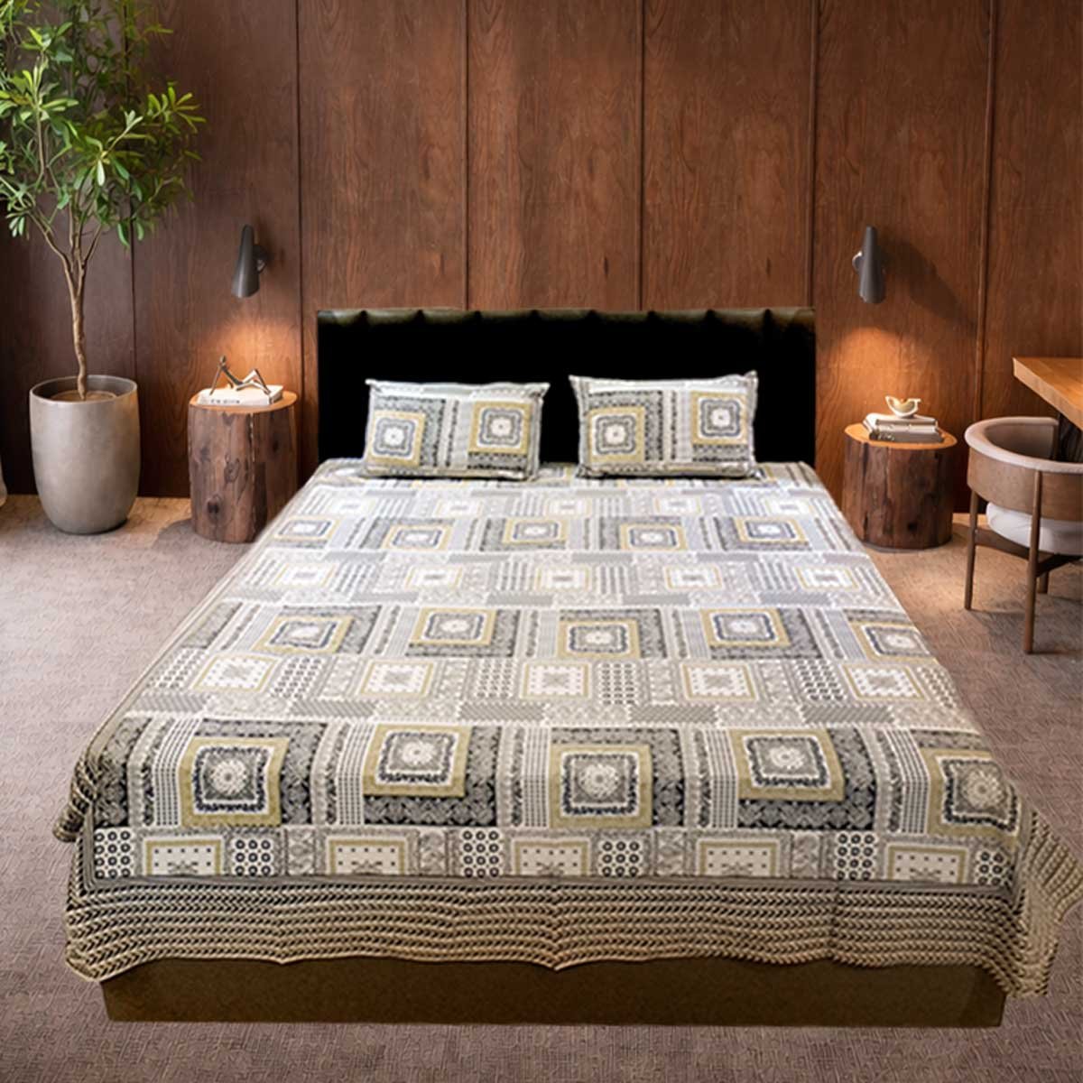 SENORA 180 TC Cotton King Size Bedsheet Cream Grey Mustard Ornamental Print with 2 Pillow Covers