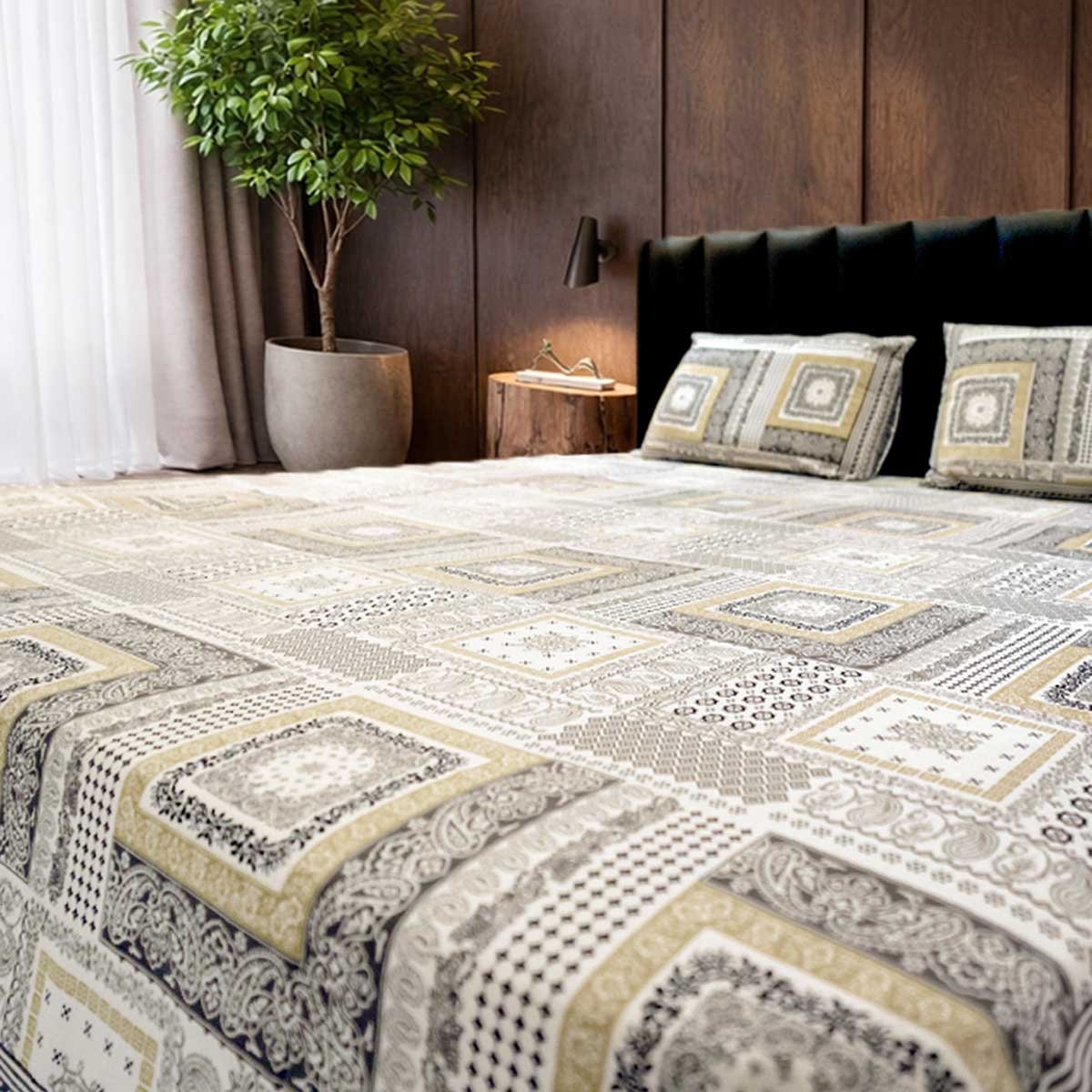 SENORA 180 TC Cotton King Size Bedsheet Cream Grey Mustard Ornamental Print with 2 Pillow Covers