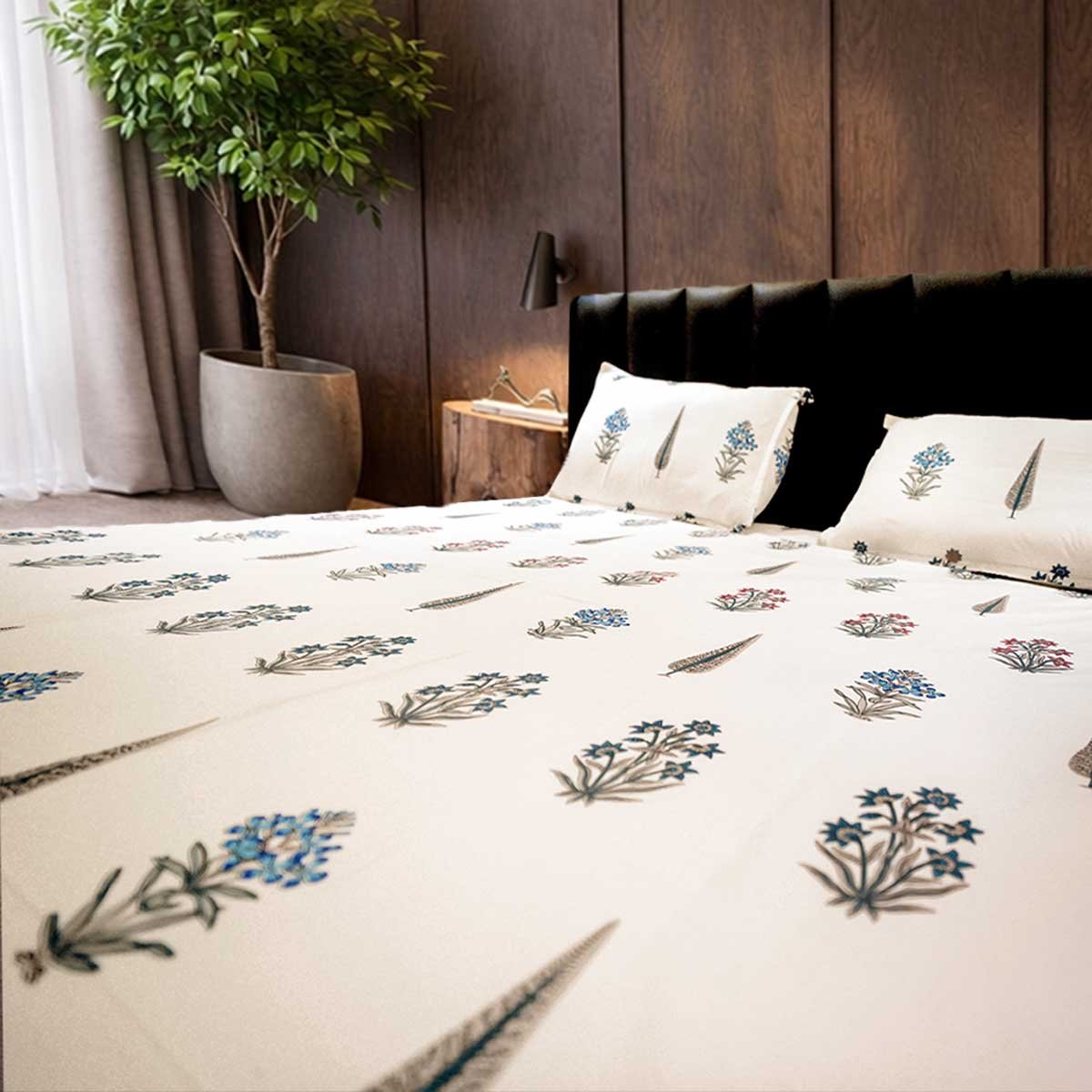 SENORA 180 TC Cotton King Size Bedsheet Cream Blue Floral Print with 2 Pillow Covers SENORA 180 TC Cotton King Size Bedsheet Cream Blue Floral Print with 2 Pillow Covers