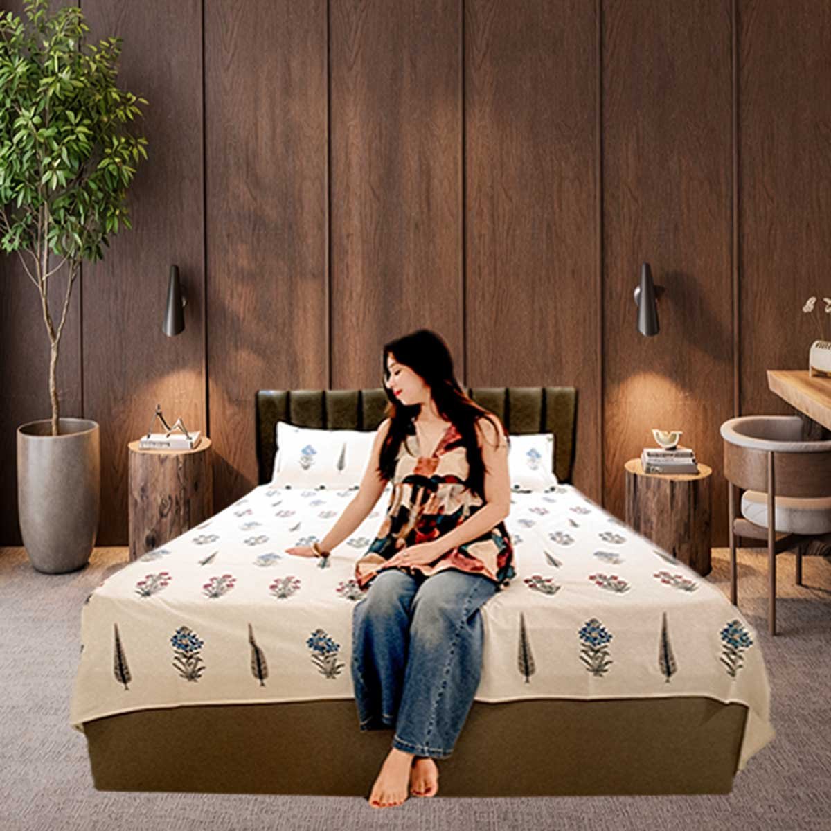 SENORA 180 TC Cotton King Size Bedsheet Cream Blue Floral Print with 2 Pillow Covers SENORA 180 TC Cotton King Size Bedsheet Cream Blue Floral Print with 2 Pillow Covers