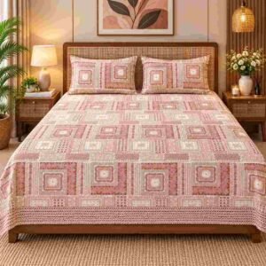 Pink Ethnic Geometrical King Size Cotton Bedsheet | 180 TC Bedsheet India | SENORA