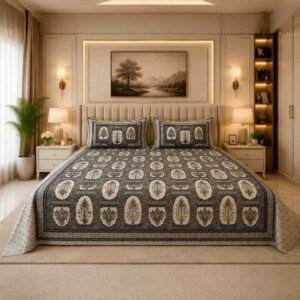 Senora King Size 180 TC Cotton Mughal Print Bedsheet Olive Charcoal