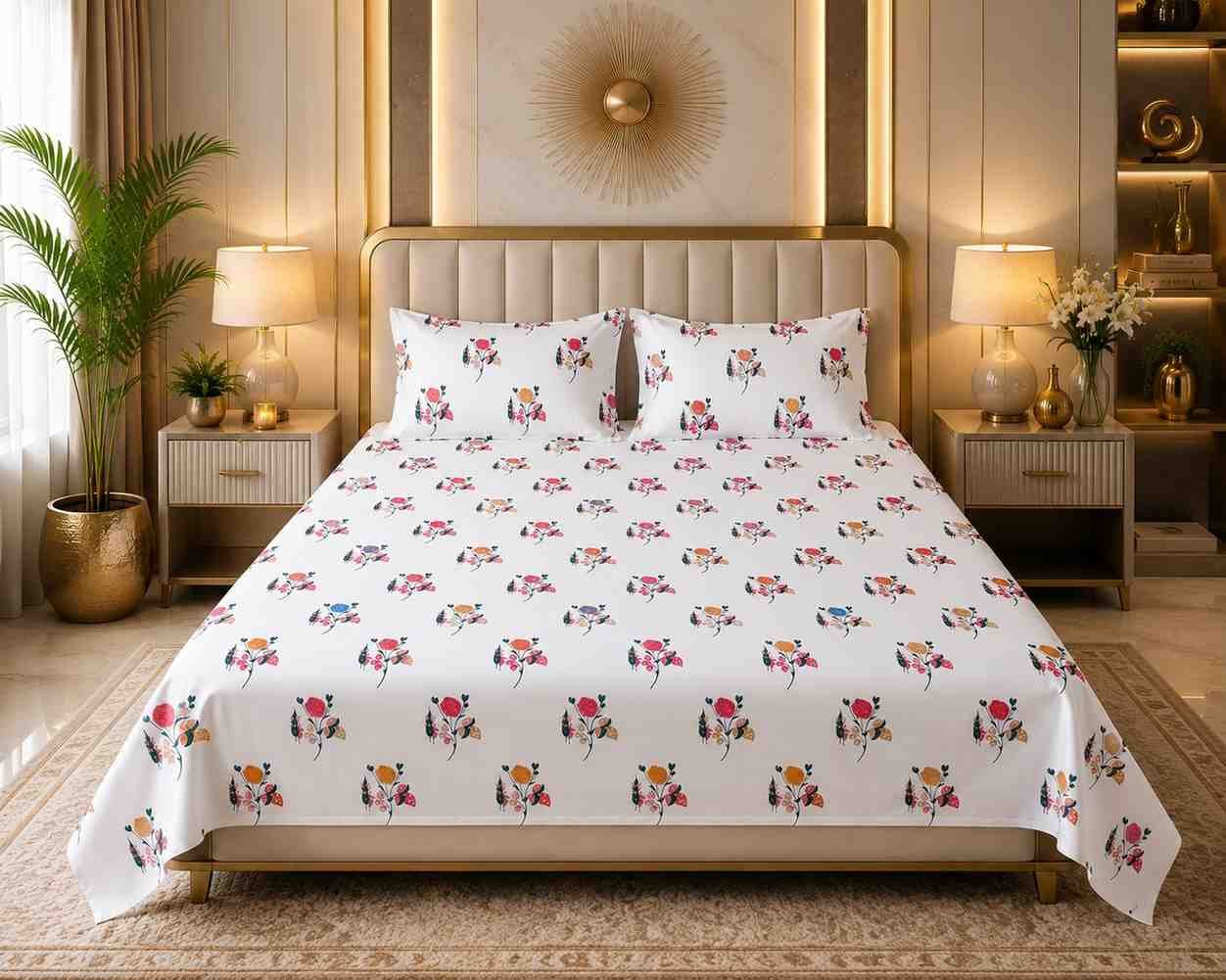 SENORA Elegant Floral Print King Size Cotton Bedsheet with 2 Pillow Covers