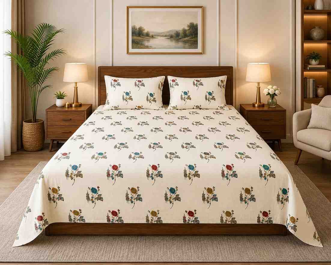 SENORA Grey & Mustard Ornamental King Size Cotton Bedsheet with 2 Pillow Covers