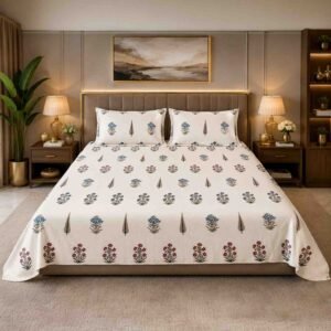 Senora King Size 180 TC Cotton Floral Bedsheet Cream Blue