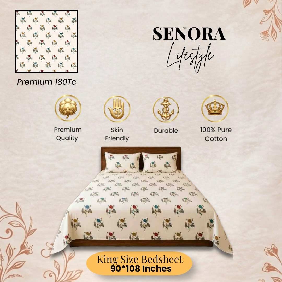 SENORA King Size Cotton Bedsheet with Matching Pillow Covers SENORA King Size Cotton Bedsheet with Matching Pillow Covers