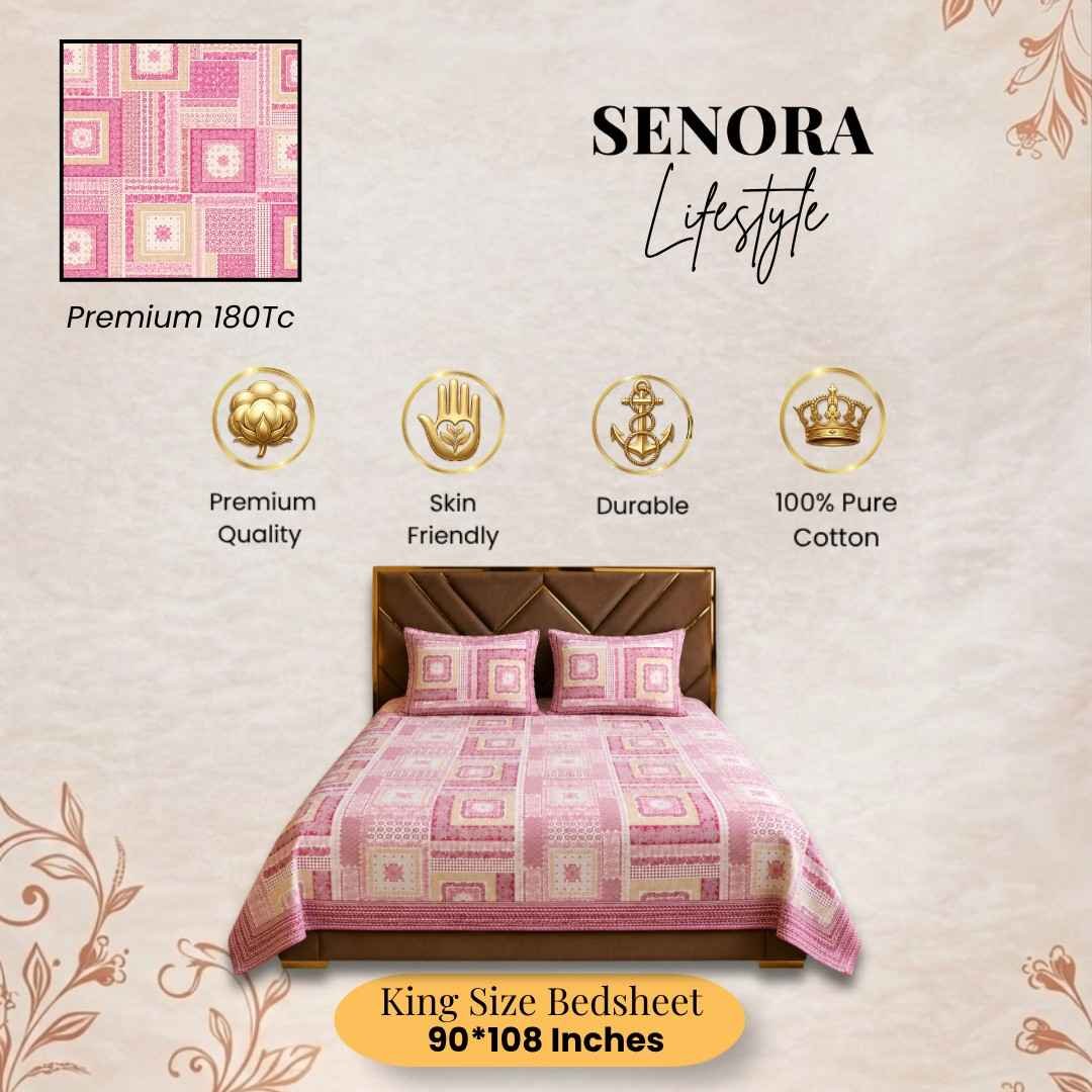SENORA Pink Designer Cotton King Size Bedsheet with Elegant Ornamental Print