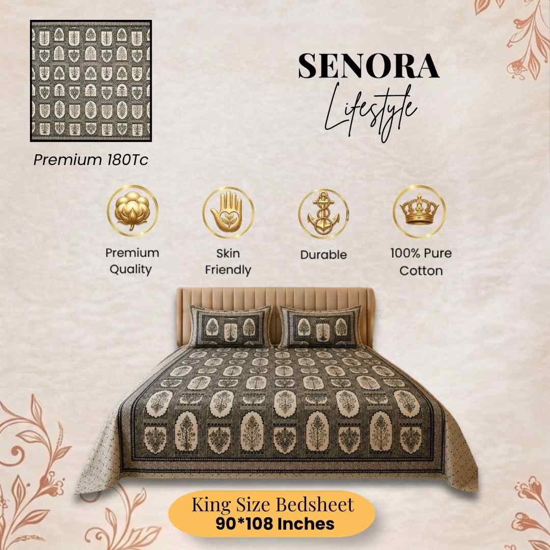 SENORA Premium Cotton King Size Bedsheet Featuring Elegant Mughal Pattern