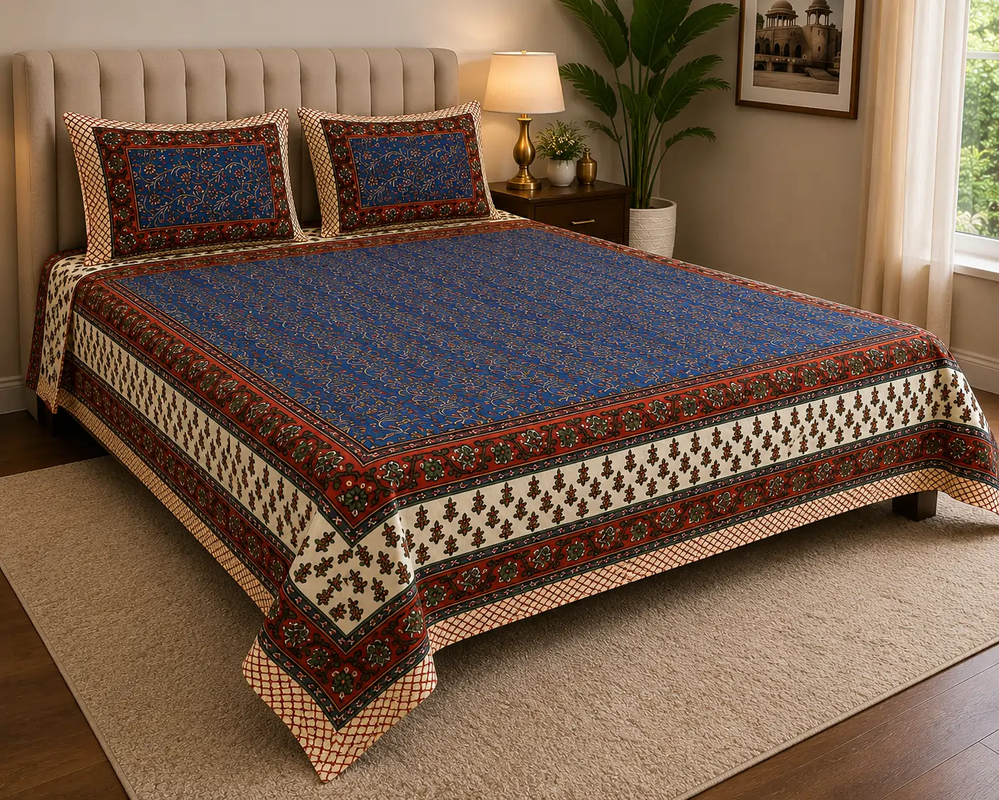 Elegant king size cotton bedsheet with ethnic print