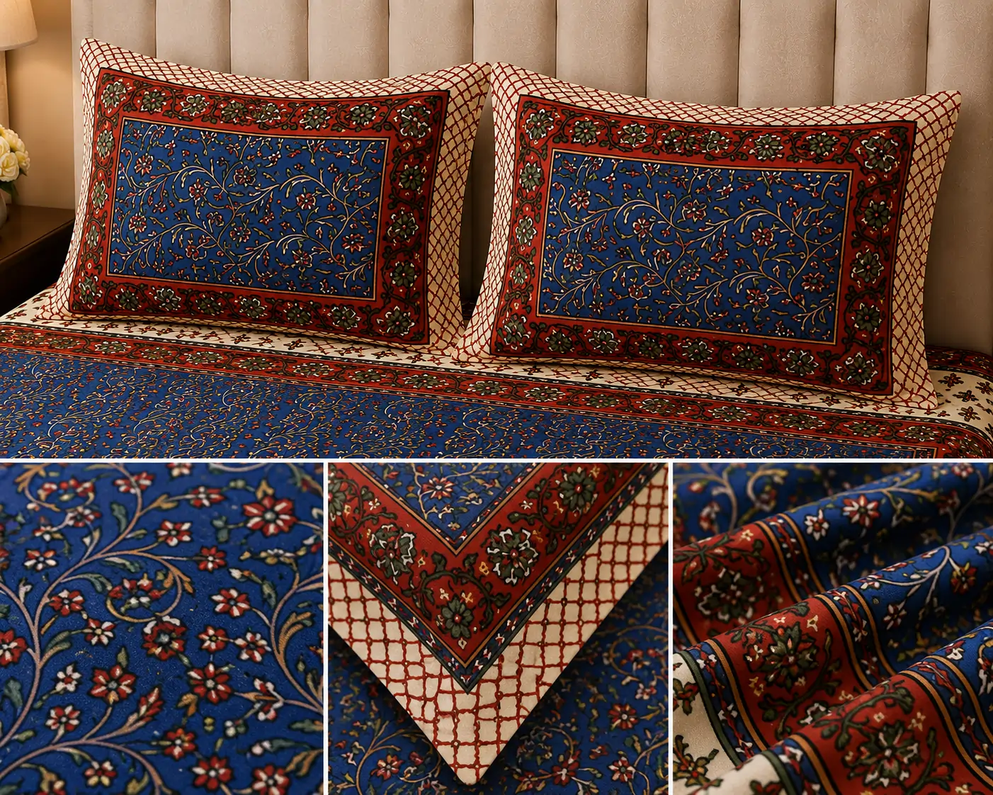 Traditional hand block floral bedsheet design