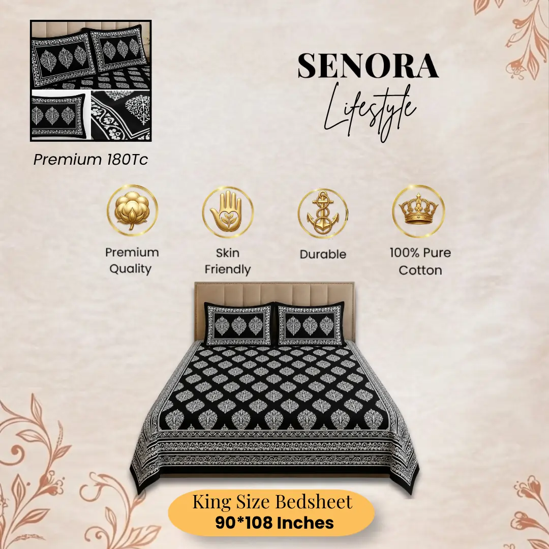 SENORA Lifestyle Black & White Floral Double Bedsheet SENORA Lifestyle Black & White Floral Double Bedsheet