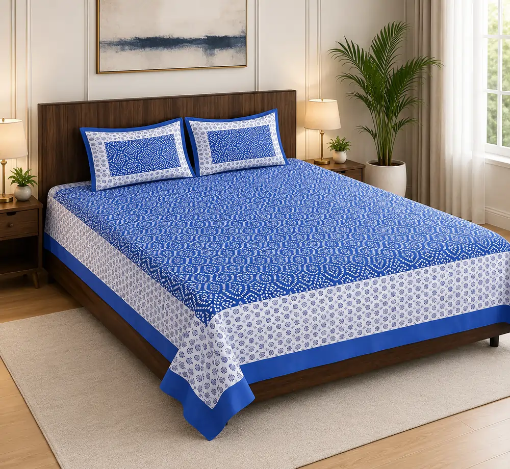 Blue & White Cotton Bedsheet with Pillow Covers by SENORA Lifestyle