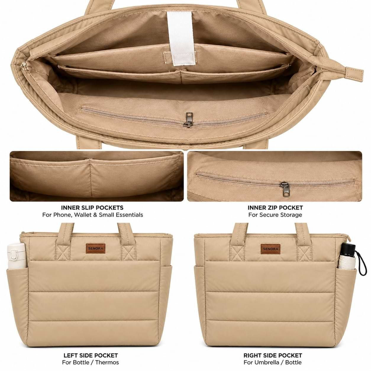 SENORA Padded Nylon Tote Bag for Women – Lightweight Quilted Handbag SENORA Padded Nylon Tote Bag for Women – Lightweight Quilted Handbag