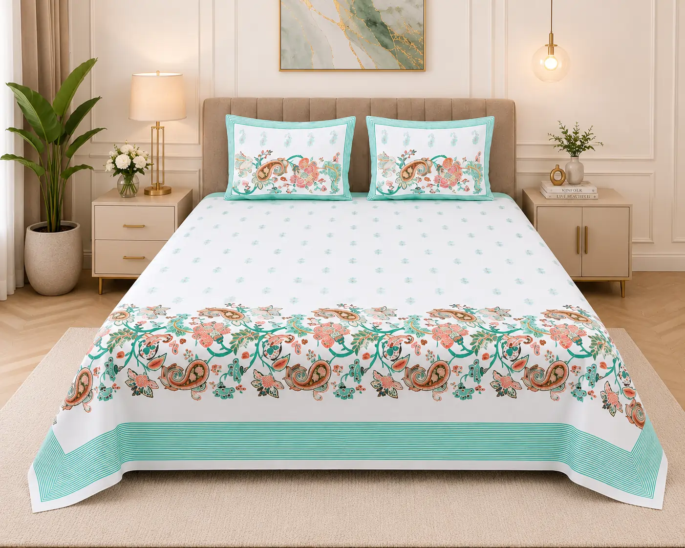 Floral Cotton King Size Bedsheet with Pillow Covers | Senora lifestyle Floral Cotton King Size Bedsheet with Pillow Covers | Senora lifestyle