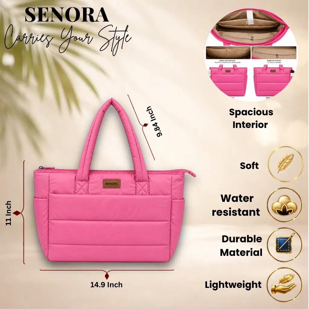 SENORA Quilted Nylon Tote Bag for Women – Lightweight Zipper Handbag SENORA Quilted Nylon Tote Bag for Women – Lightweight Zipper Handbag