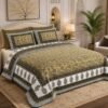 Elegant Mustard Yellow and Olive Green Printed Cotton Bedsheet for Super King Size Bed