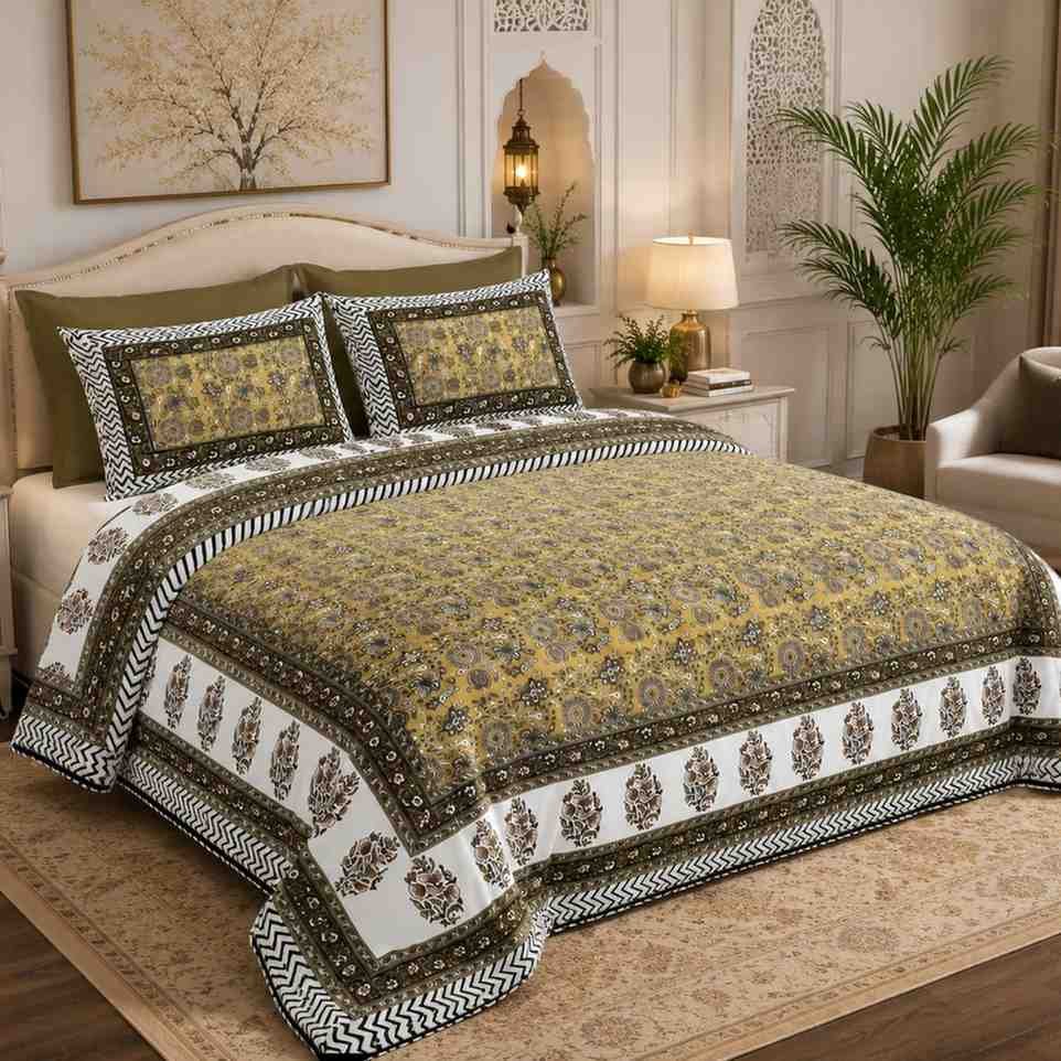 Elegant Mustard Yellow and Olive Green Printed Cotton Bedsheet for Super King Size Bed