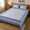 Elegant Off White and Classic Blue Printed Cotton Bedsheet for Super King Size Bed