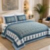Elegant Warm Ivory and Royal Persian Blue Printed Cotton Bedsheet for Super King Size Bed