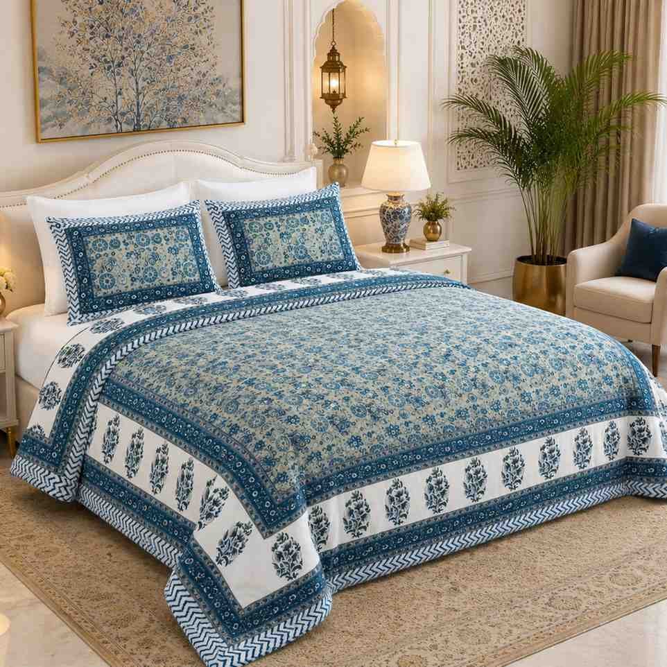 Elegant Warm Ivory and Royal Persian Blue Printed Cotton Bedsheet for Super King Size Bed
