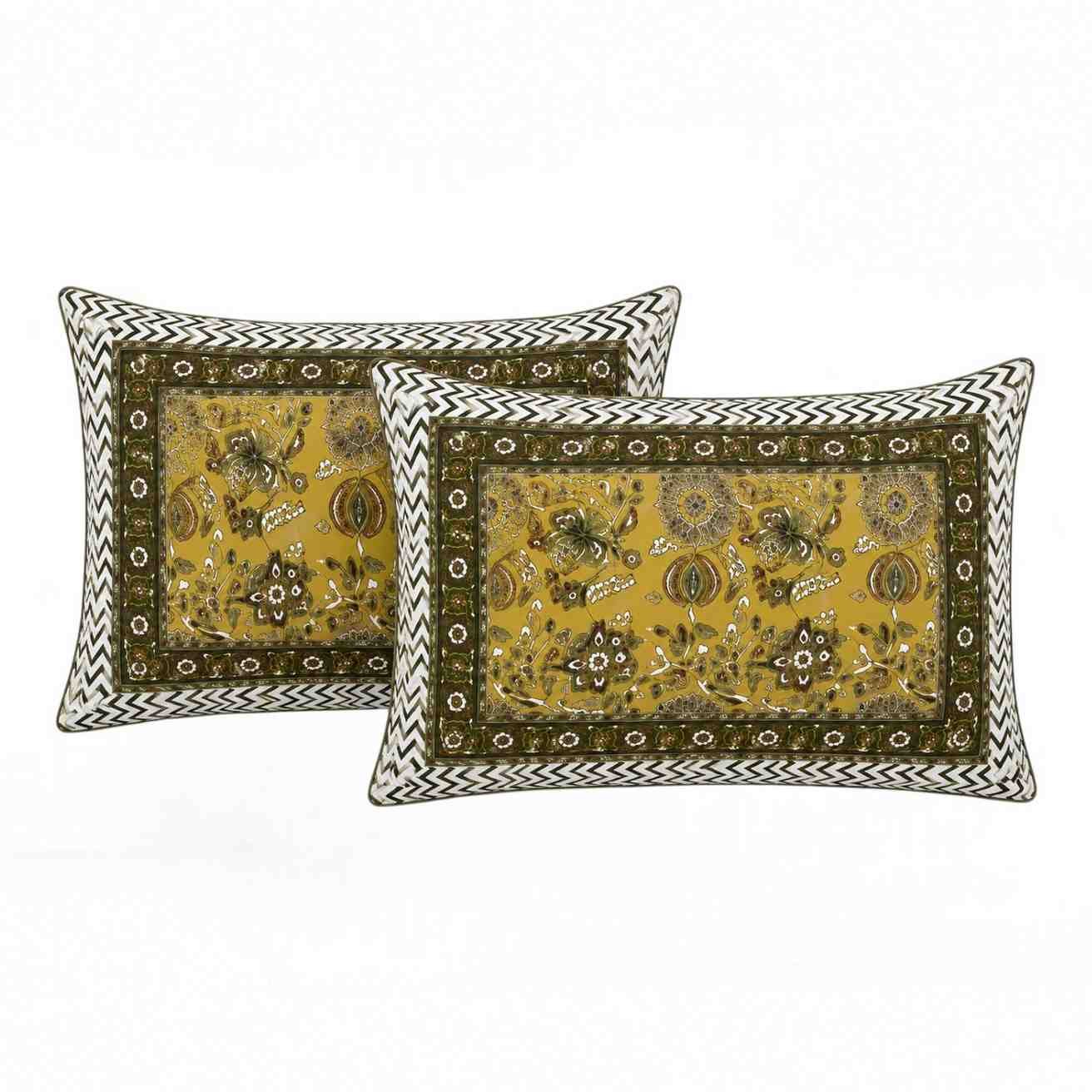 Luxury Mustard Yellow Cotton Bedsheet with Olive Green Floral Print and Border Design