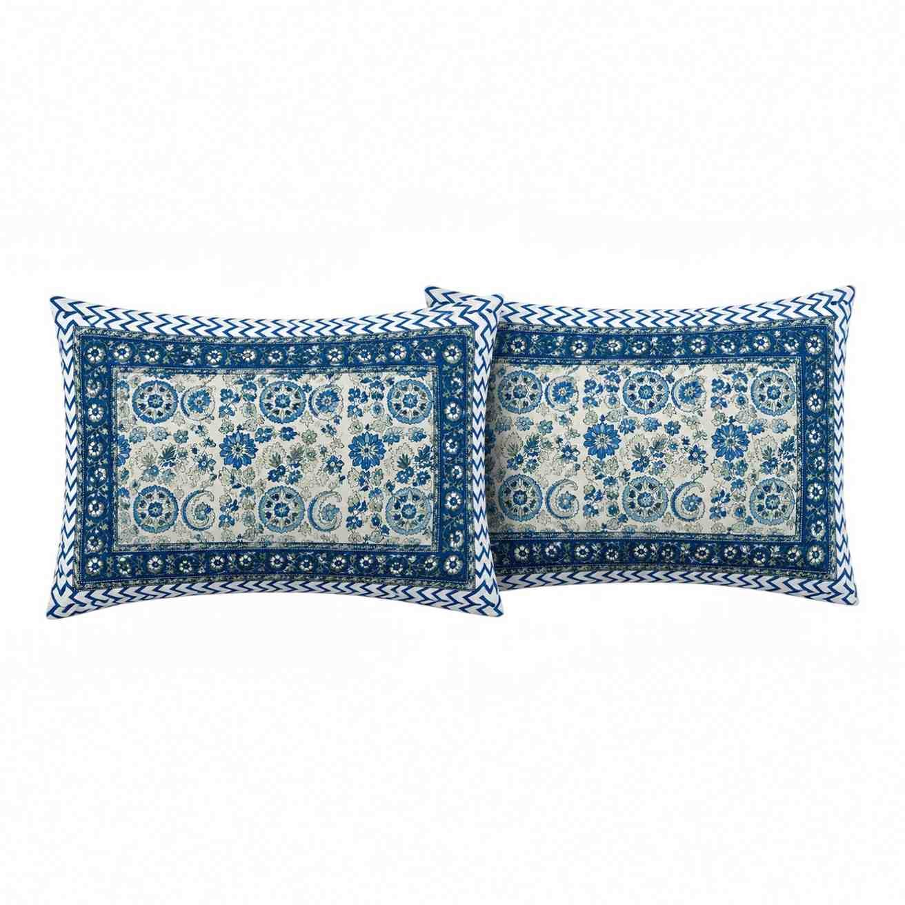 Luxury Warm Ivory Cotton Bedsheet with Royal Persian Blue Persian-Inspired Floral Print